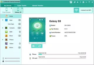Dashboard with one Android device connected, showing a list of different data available on the device